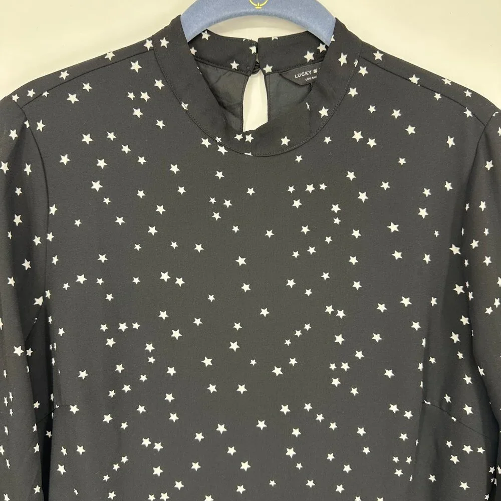 Lucky Brand Star Print Mini Dress M Long Bell Sleeves A Line Black